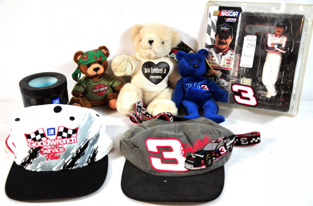 Lot of Nascar Collectibles including..Dale Earnhar: Lot of Nascar Collectibles including..Dale Earnhardt Action Figure, 2 Dale Earnhardt Hats, 3 Nascar Teddy Bears and a Goodwrench Service Coozy.