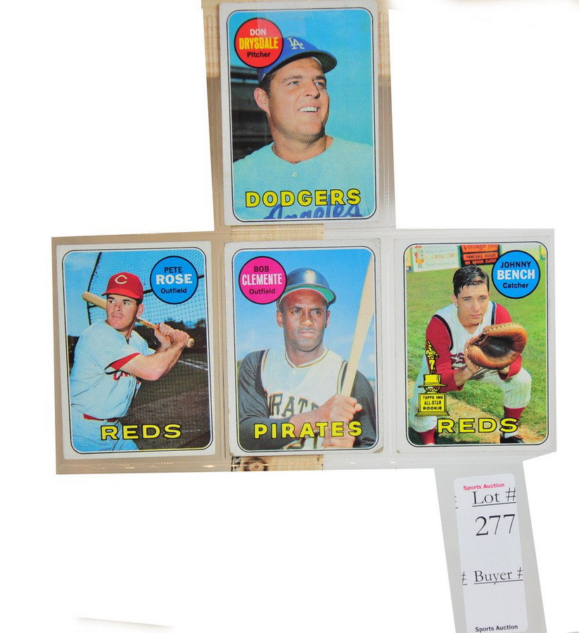 4 1969 Topps cards Johhny Bench Rookie, Roberto Cl: 4 1969 Topps cards Johhny Bench Rookie, Roberto Clemente, Pete Rose and Don Drysdale