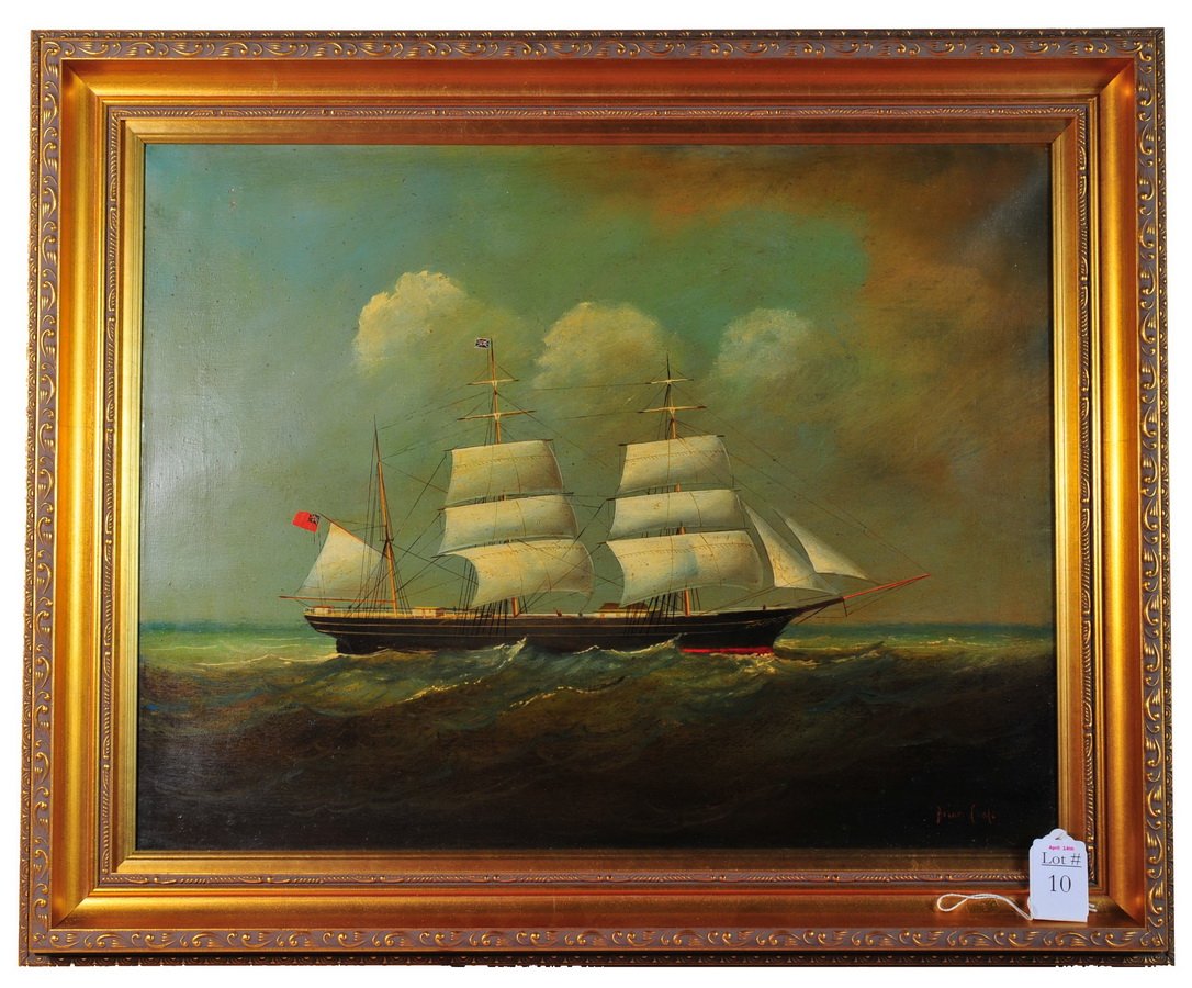 Oil on Canvas 17x14 framed "ship in a storm" signe: Oil on Canvas 17x14 framed "ship in a storm" signed Brian Coole well listed artist