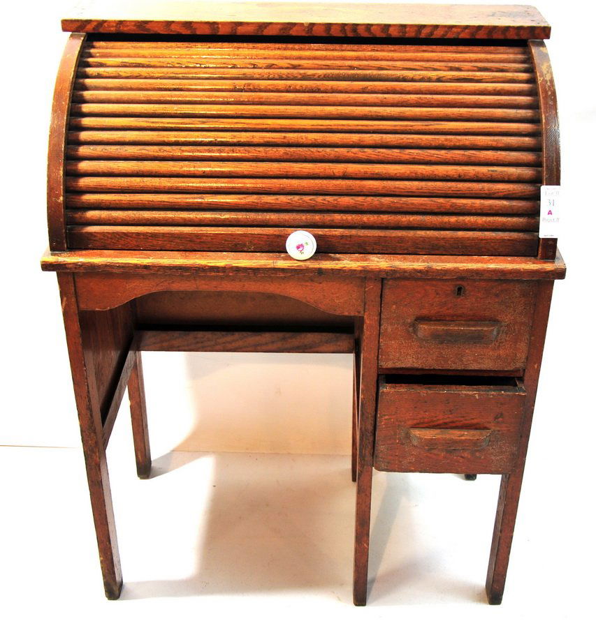 Children's Oak Roll Top Desk 27W x 35H x 15D with: Children's Oak Roll Top Desk 27W x 35H x 15D with 34" walnut Chair