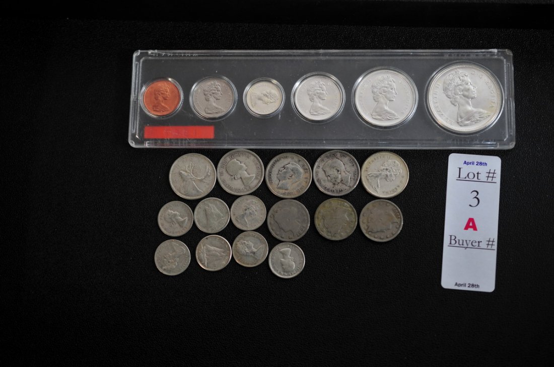 3 Liberty head V nickels 1904, 1909, 1912. 1967 Ca: 3 Liberty head V nickels 1904, 1909, 1912. 1967 Canadian proof set, 5 canandian silver quarters, 7 canadian silver dimes