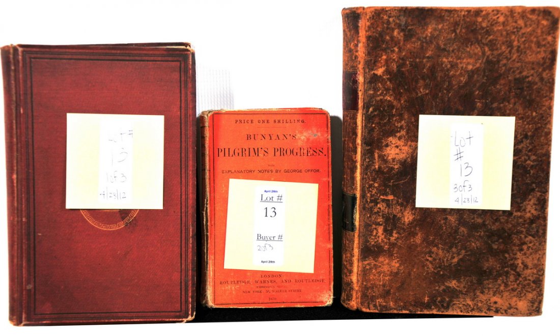 Lot of three books to include: 1859 Bunyan's "Pilgr: Lot of three books to include: 1859 Bunyan's "Pilgrim Progress" A new edition with explanatory note by George Offor, Holy Bible by Thomas Scott in six volumes - Volume III published by Samuel Armstron