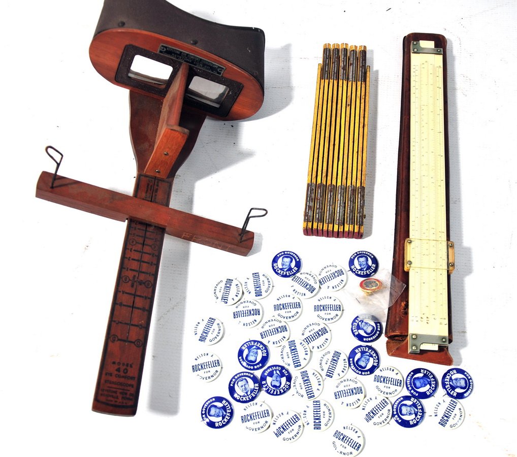 Lot with Keystone Eye Comfort Stereoptic scope, x4: Lot with Keystone Eye Comfort Stereoptic scope, x46 Lufkin rule, slide rule by Keuffel and Esser, Rockefeller for Governor Buttons
