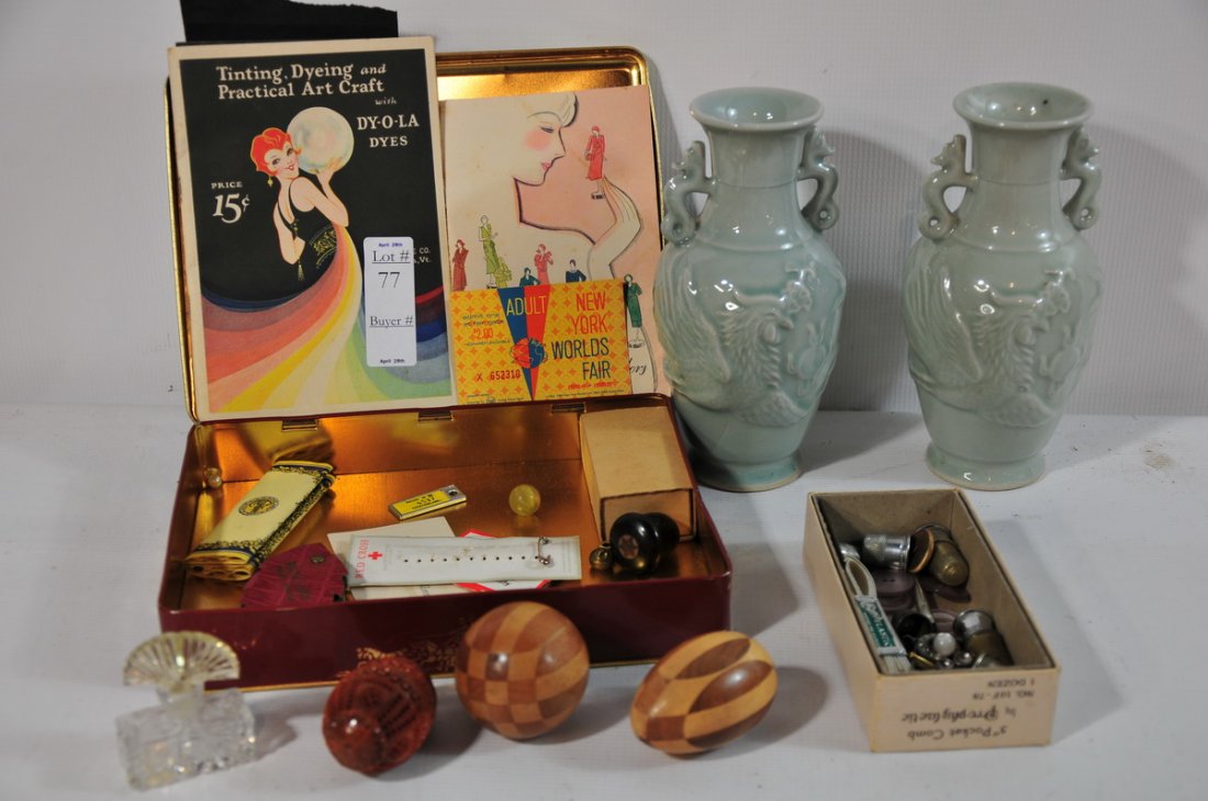 Misc. lot with sewing items, including thimbles, pe: Misc. lot with sewing items, including thimbles, perfume bottle, world's fair ticket and celadon vases