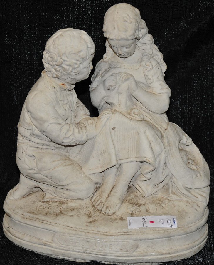 White Cement statue entitled "First Love" depictin: White Cement statue entitled "First Love" depicting boy and girl 14"