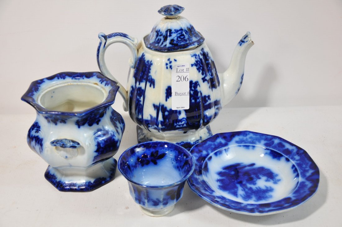 4 Pc. Group of Flow Blue with tea pot ,covered jar: 4 Pc. Group of Flow Blue with tea pot ,covered jar and more