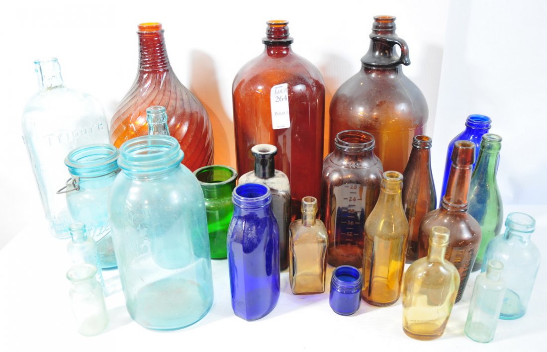 Box of Colored Glass Jars and Bottles: Box of Colored Glass Jars and Bottles