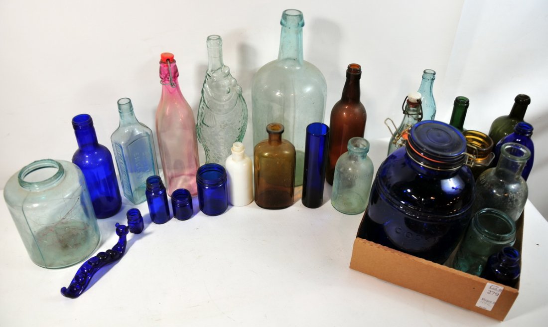 Two bottles and jars cobalt, brown, green and clea: Two bottles and jars cobalt, brown, green and clear glass