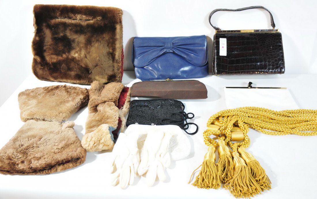 Collection of evening purses, mink stole,: Collection of evening purses, mink stole,