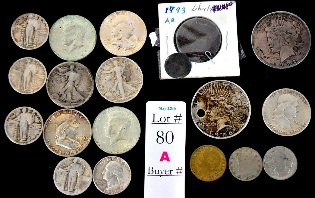Nineteen coins to include: Five Liberty Quarters 1: Nineteen coins to include: Five Liberty Quarters 1793, 1923, 1923, 1925, other unable to read.One quarter circa 1962, Two Liberty Half Dollars JFK 1965, 1966, Three Liberty Half Dollars Ben Franklin 1