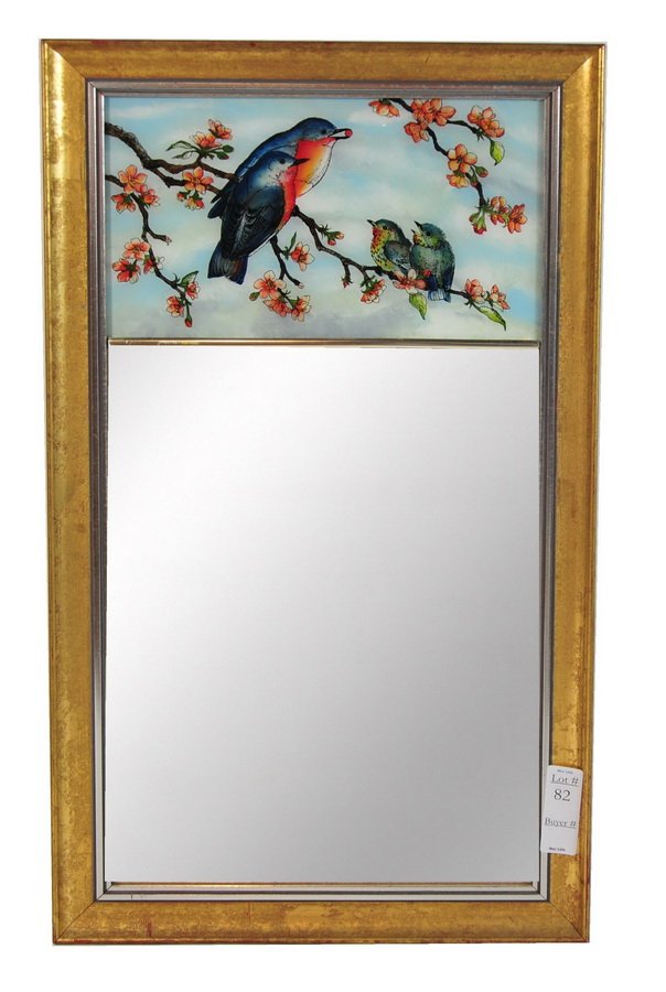 15x26 framed mirror with reverse glass painting of : 15x26 framed mirror with reverse glass painting of bluebirds