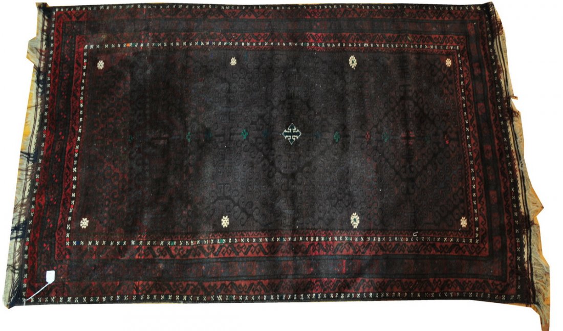 Middle Eastern Rug 79"L x 49 1/2"W with dark red c: Middle Eastern Rug 79"L x 49 1/2"W with dark red coloring and rare green dyes. Fringe of soft horse hair, good condition