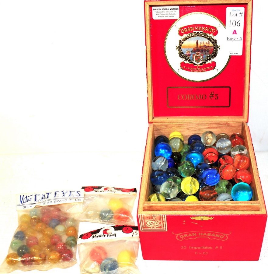 Cigar box full of Marbles, Knockers, Cats Eyes so: Cigar box full of Marbles, Knockers, Cats Eyes some old some new