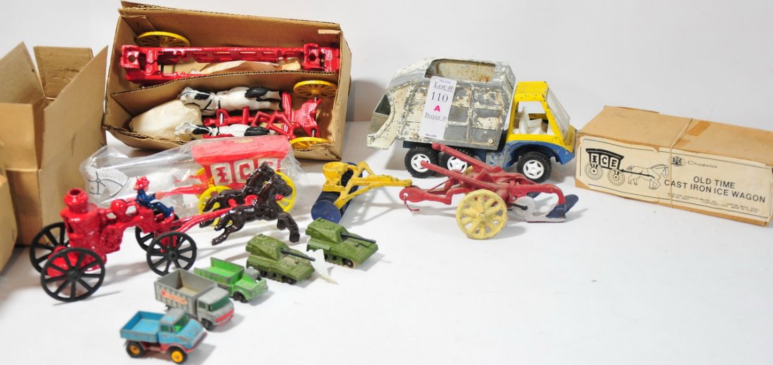 Collection of Cast Iron Toys, some in original bo: Collection of Cast Iron Toys, some in original boxes of fire engines, ice wagon, old mini matchbox cars and garbage truck etc.