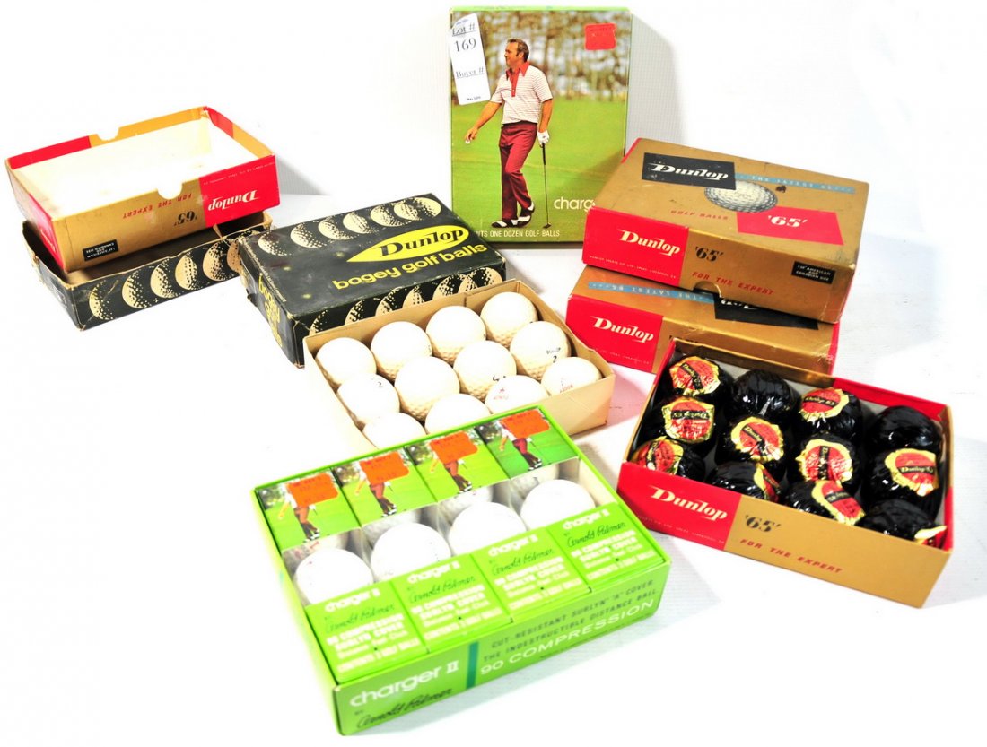 Six boxes of Vintage Golf Balls. 5 Boxes of Dunlop: Six boxes of Vintage Golf Balls. 5 Boxes of Dunlops - many in original seals. One box of Charger II by Arnold Palmer