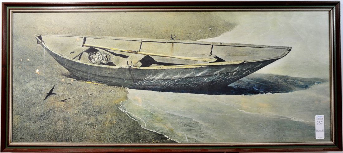 Spindrift by Andrew Wyeth Print 14 1/2 x 35 1/2 in: Spindrift by Andrew Wyeth Print 14 1/2 x 35 1/2 in frame depicts a Dory on Shore
