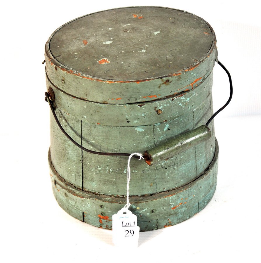 Bail handled furkin with cover old paint 8"x7" diam: Bail handled furkin with cover old paint 8"x7" diameter