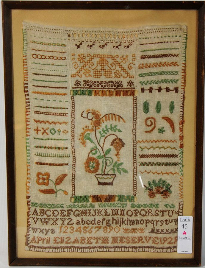 April 1929 Sampler Elizabeth Meserve 15" x 11" Bei: April 1929 Sampler Elizabeth Meserve 15" x 11" Beige, green and brown in color