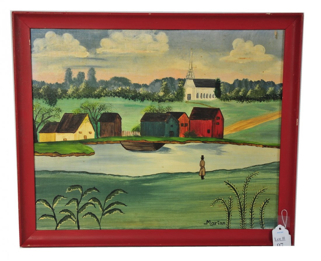OOC Board 13 1/2x 16 1/2" depicting village with st: OOC Board 13 1/2x 16 1/2" depicting village with steeple church, pond and man with stove pipe hat signed Marian and on back signed Marian C. Haynes 1984