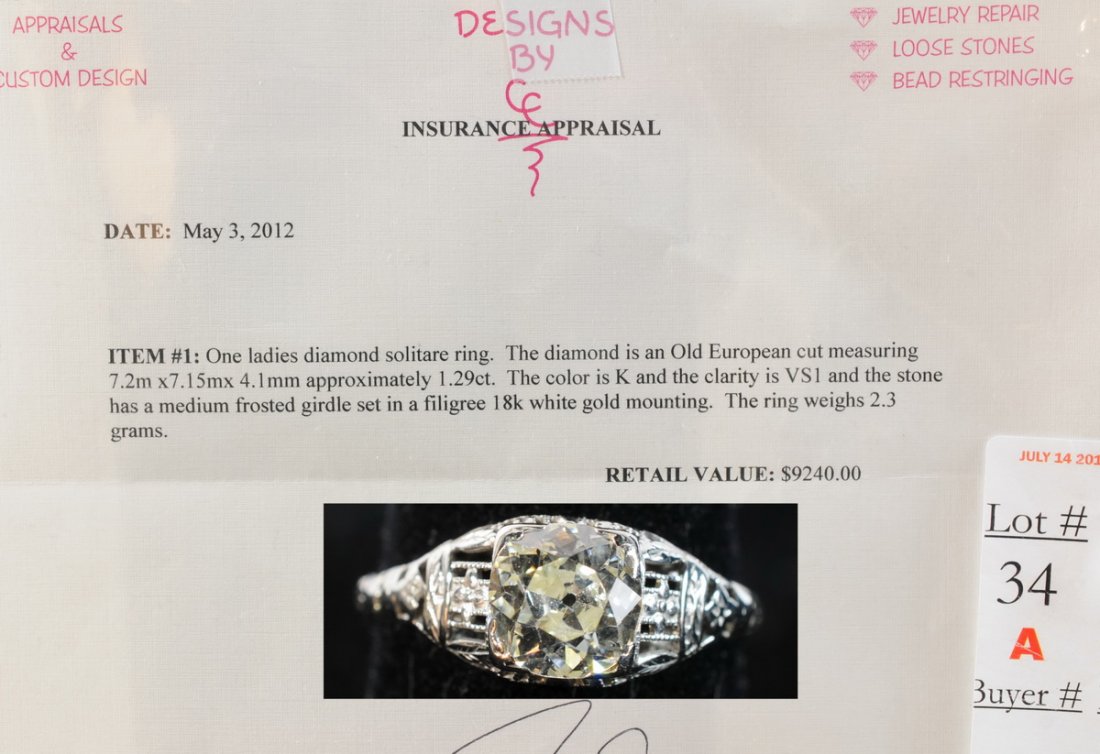 Ladies Diamond solitaire estate ring with 1.29 Ct.: Ladies Diamond solitaire estate ring with 1.29 Ct. center stone with 18kt. filigree setting with appraisal size 8
