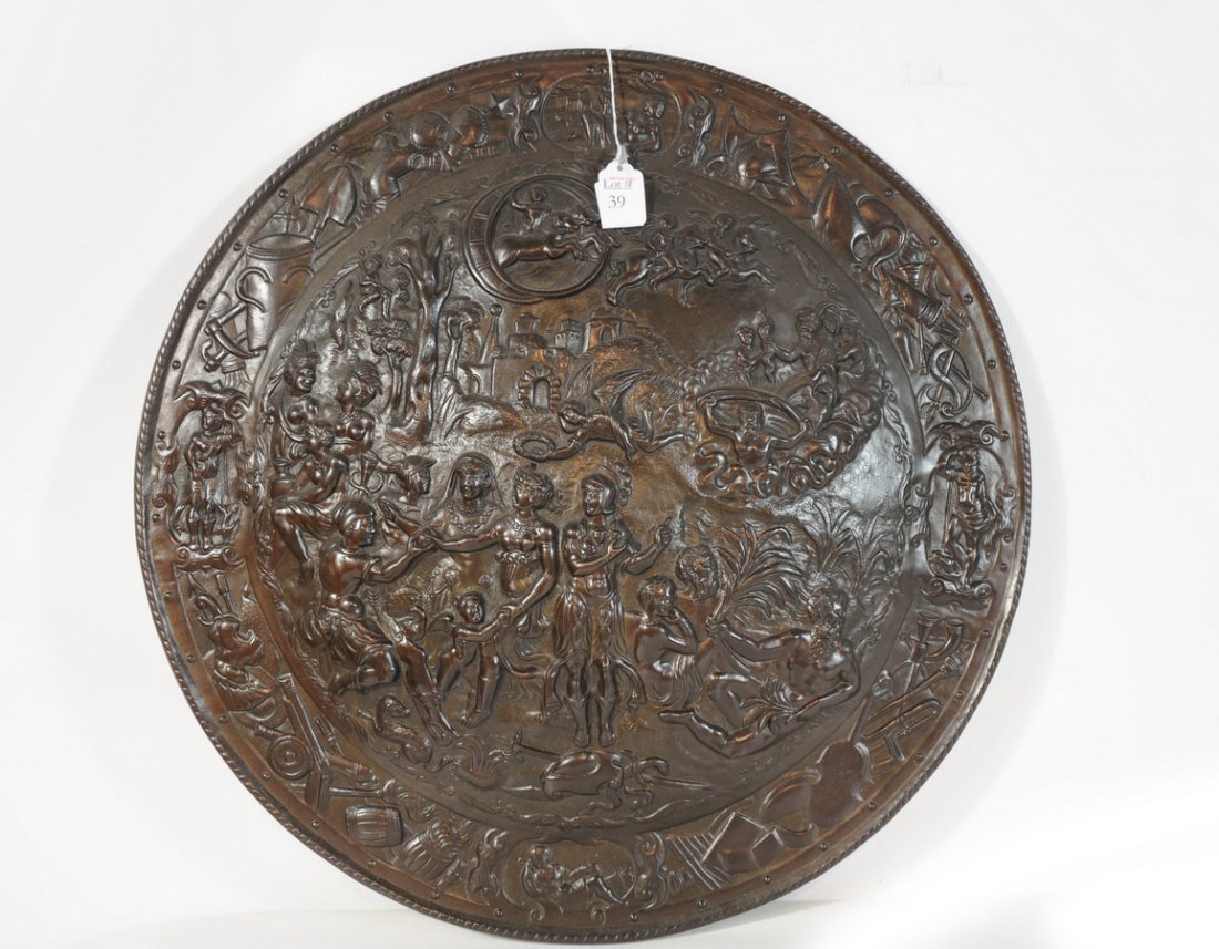 Decorated hanging solid heavy iron shield 23"Diamet: Decorated hanging solid heavy iron shield 23"Diameter depicting mythology figures, angels and chariots