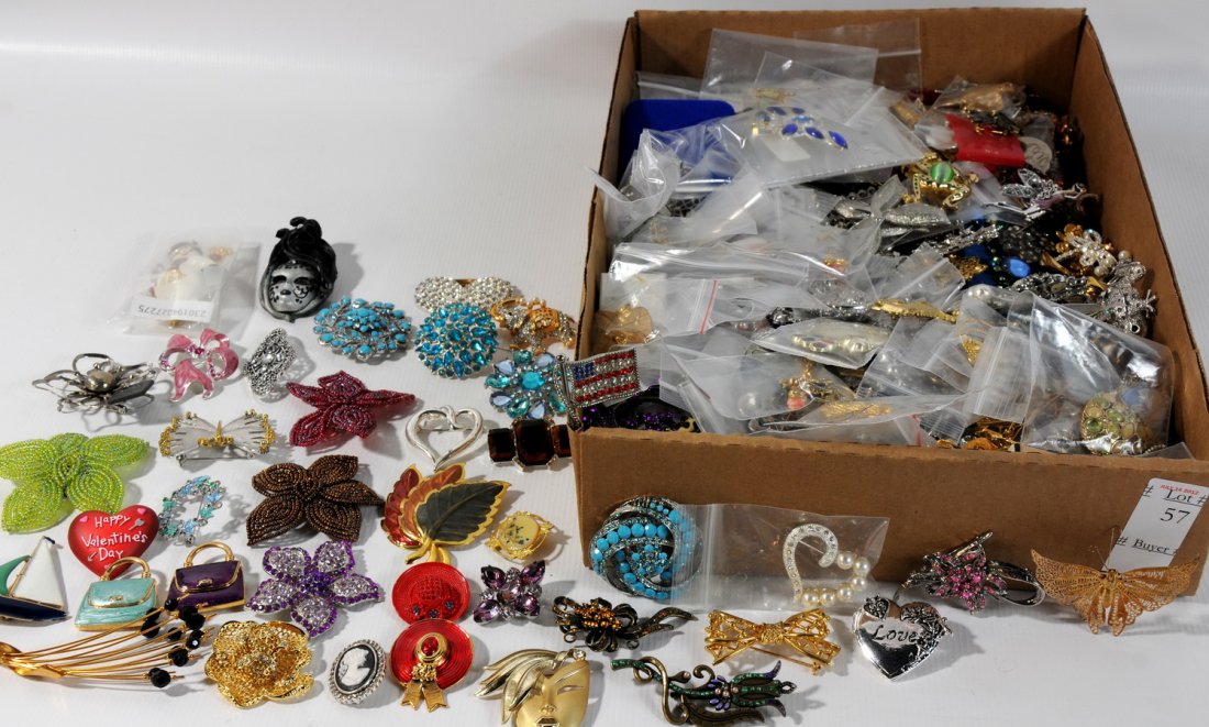 Over 200 Brooches colorful assortment to include, c: Over 200 Brooches colorful assortment to include, colorful hearts, flags, animals, floral, red hat, leaves, cameos etc.