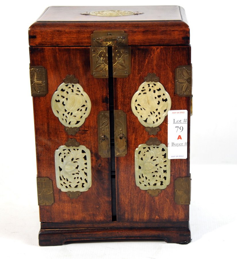 Mahogany and jade Chinese jewelry box with four dr: Mahogany and jade Chinese jewelry box with four drawers, lift top 12"
