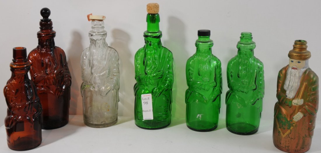 Moses Bottles collection of seven Poland Spring Hot: Moses Bottles collection of seven Poland Spring Hotel, Poland Spring Maine, Three green, two brown, one clear and one painted, some with covers