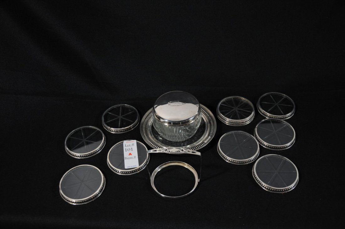 Sterling silver group with pressed glass and ster: Sterling silver group with pressed glass and sterling coasters, sterling covered powder jar, and more