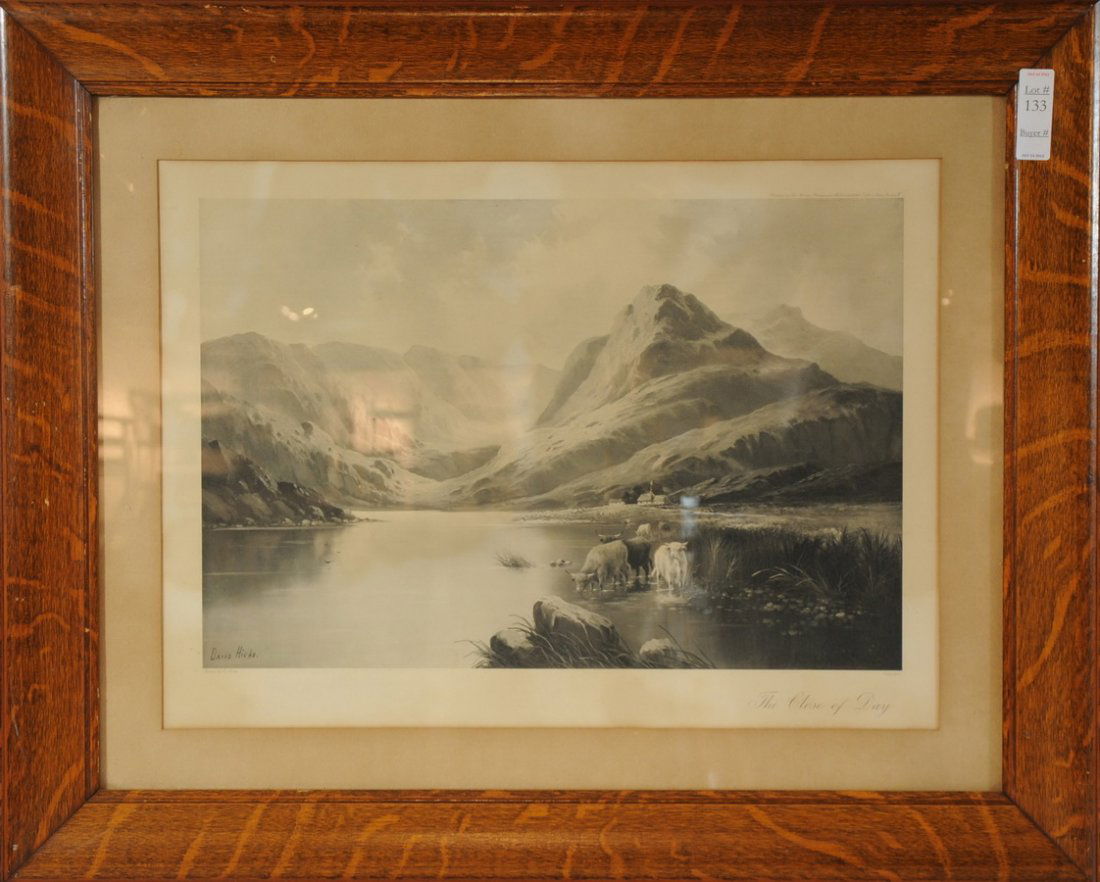 Oak framed print titled "The Close of Day" signed: Oak framed print titled "The Close of Day" signed David Hicks 27x20 1/2