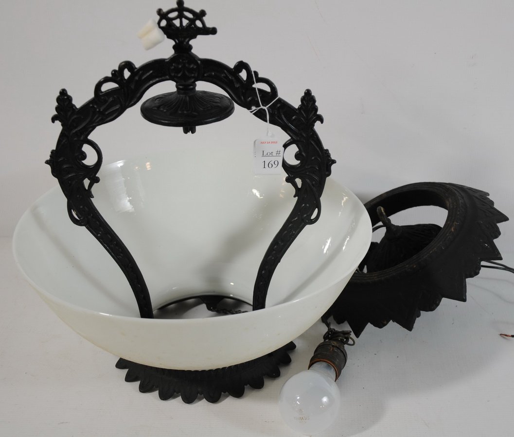 Cast Iron ceiling light with glass shaded oil and : Cast Iron ceiling light with glass shaded oil and converted electric
