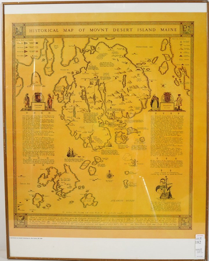 Two framed maps of Maine depicting: Chart of Booth: Two framed maps of Maine depicting: Chart of Boothbay, Historical Map of Arcadia in English and French 53 x 29 1/2 with Damariscotta, Sheepscot and Kennebec Rivers and soundings in feet other framed H