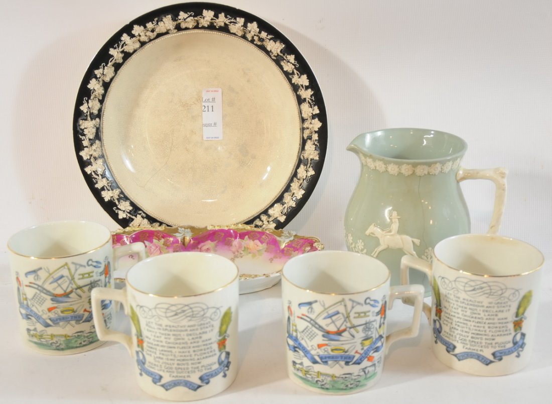 4 Large Mugs stamped Farmer's Arm B&L England. "G: 4 Large Mugs stamped Farmer's Arm B&L England. "God Speed The Plow"; Spode Fortuna K916 Pitcher Jug Sage Green / Fox Hunt. has crack from Top to Bottom and Decorative Ovaled Serving Dish and Early Wed