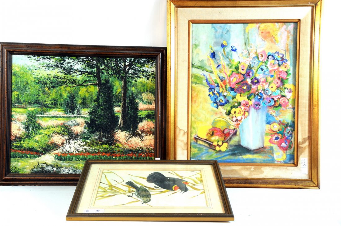 Three painting group to include: OOC Scene of Wood: Three painting group to include: OOC Scene of Woods and Gardens signed Domenico 24 x 20, Red Winged Black bird with sparrow print 16 x 20 and a still life OOC colorful floral in vase 18 x 24.