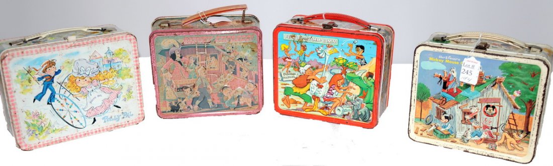 Group of four metal lunch boxes including Mickey M: Group of four metal lunch boxes including Mickey Mouse Club, Pebbles and Bam Bam, Disney Express, Polly Pal