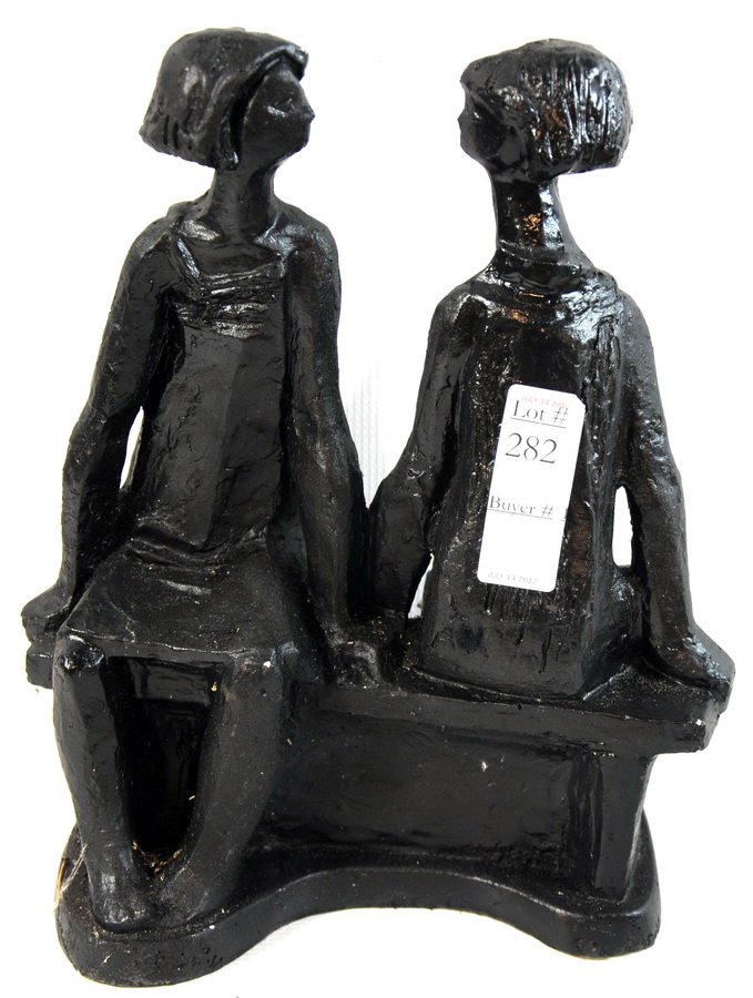 Group of 3 decorative pieces, Iron art statue sign: Group of 3 decorative pieces, Iron art statue signed 1971 , marble statue of mother and child and Ben Franklin decorative whiskey bottle