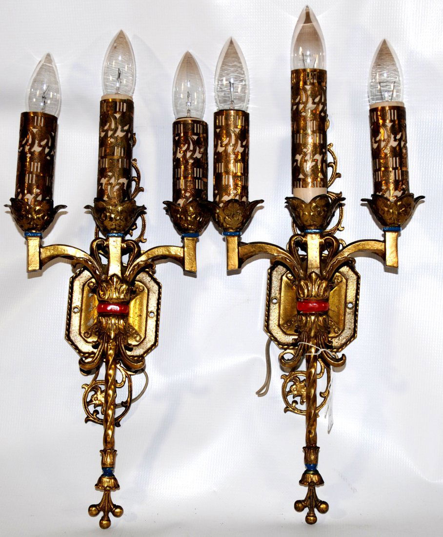 Pair of Brass Ornate Electric Wall Sconces 21"H: Pair of Brass Ornate Electric Wall Sconces 21"H