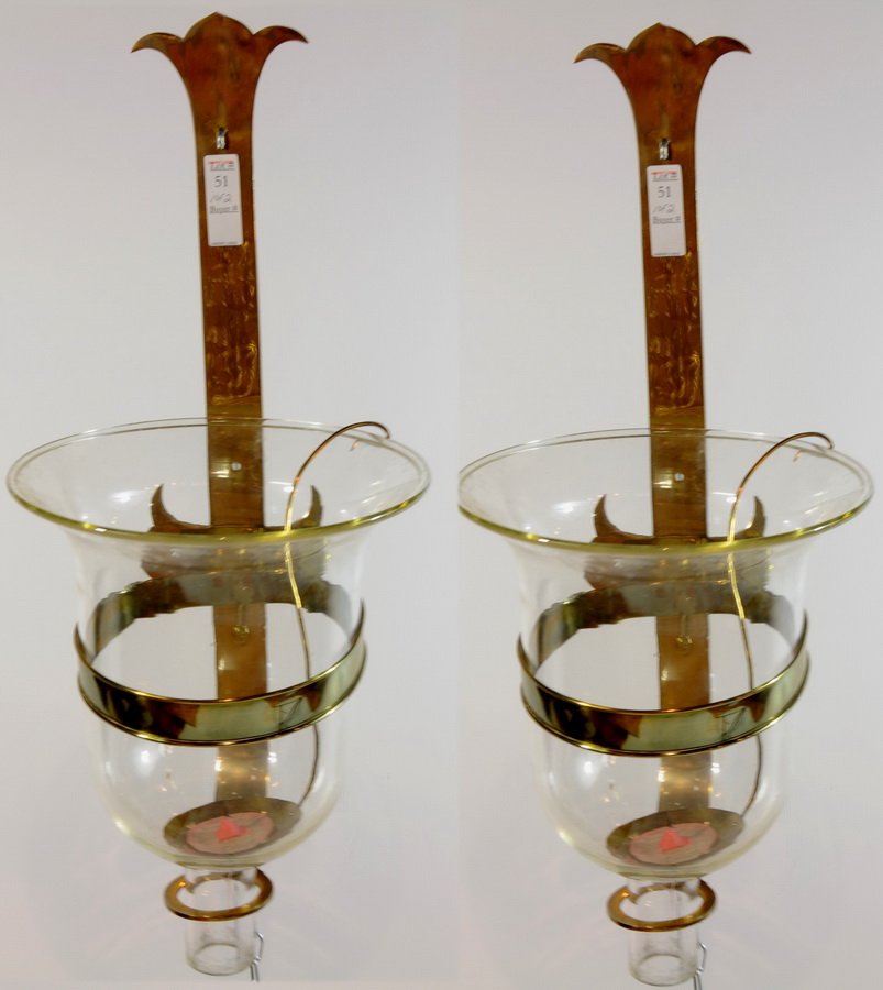 Pair of brass and glass Chapman hanging wall sconce: Pair of brass and glass Chapman hanging wall sconces