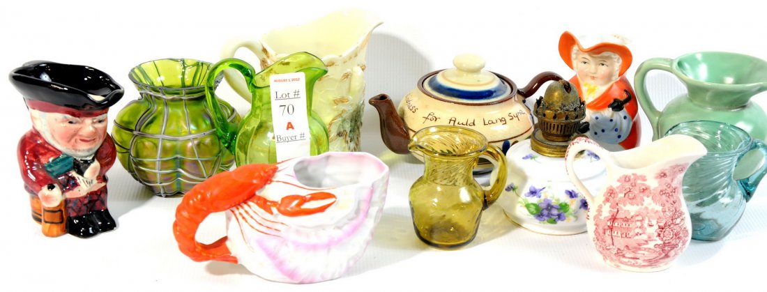 box of glass ware and pottery to include torquay t: box of glass ware and pottery to include torquay teapot, art glass vase, Germany creamer, set of royal crocket creamer 12 piece