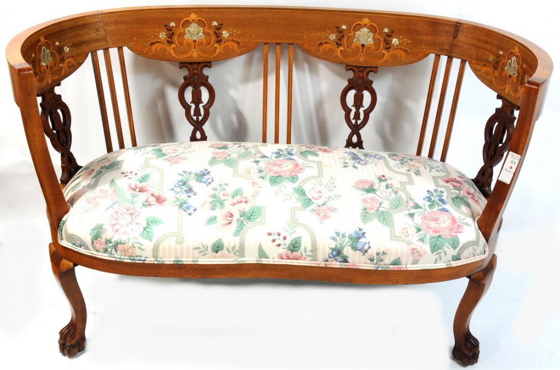 47" Wide Mother of pearl inlaid settee with claw f: 47" Wide Mother of pearl inlaid settee with claw feet