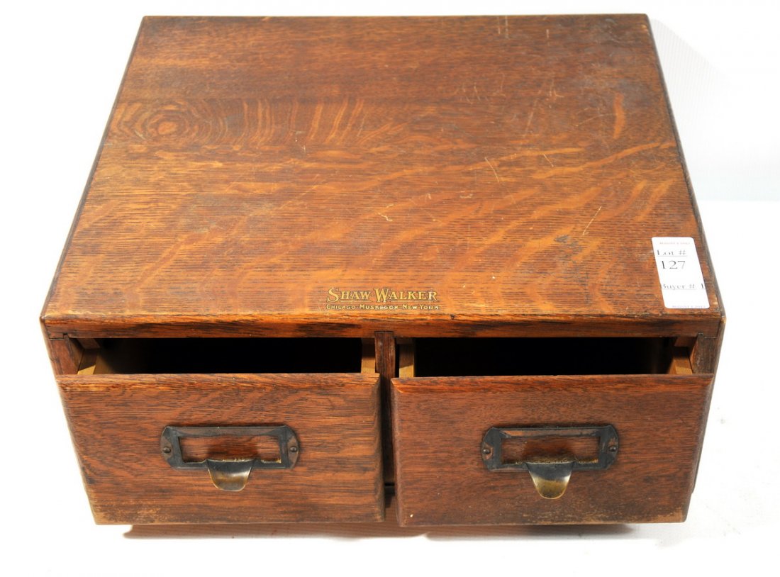Oak wooden two drawer indexing file box made by Sh: Oak wooden two drawer indexing file box made by Shaw Walker in Chicago, Muskagon New York 15 1/2" W x 14" D x 6 1/2" H