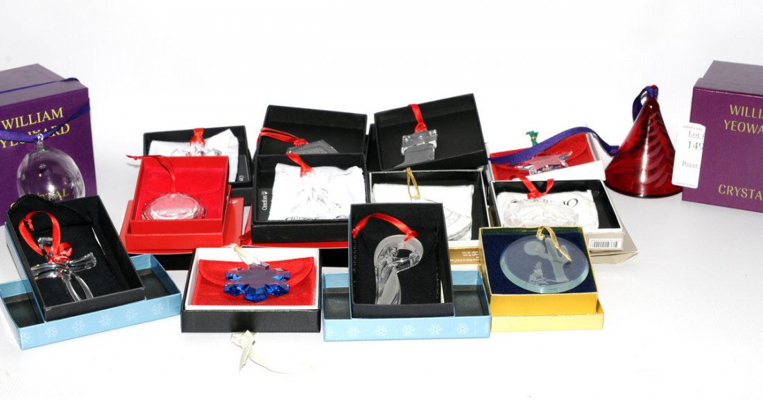 Collection of 14 Crystal Christmas Ornaments inclu: Collection of 14 Crystal Christmas Ornaments including Orrefors, William Yeoward, Nambe, and Hoya