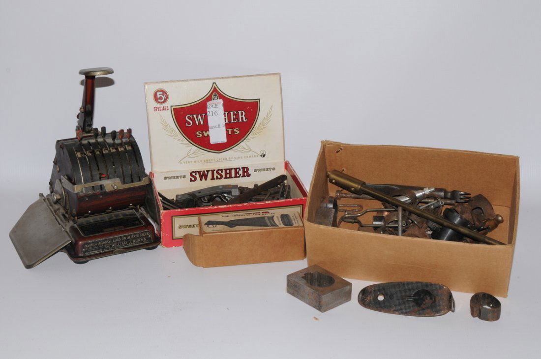 Gun parts and misc items including check writer: Gun parts and misc items including check writer