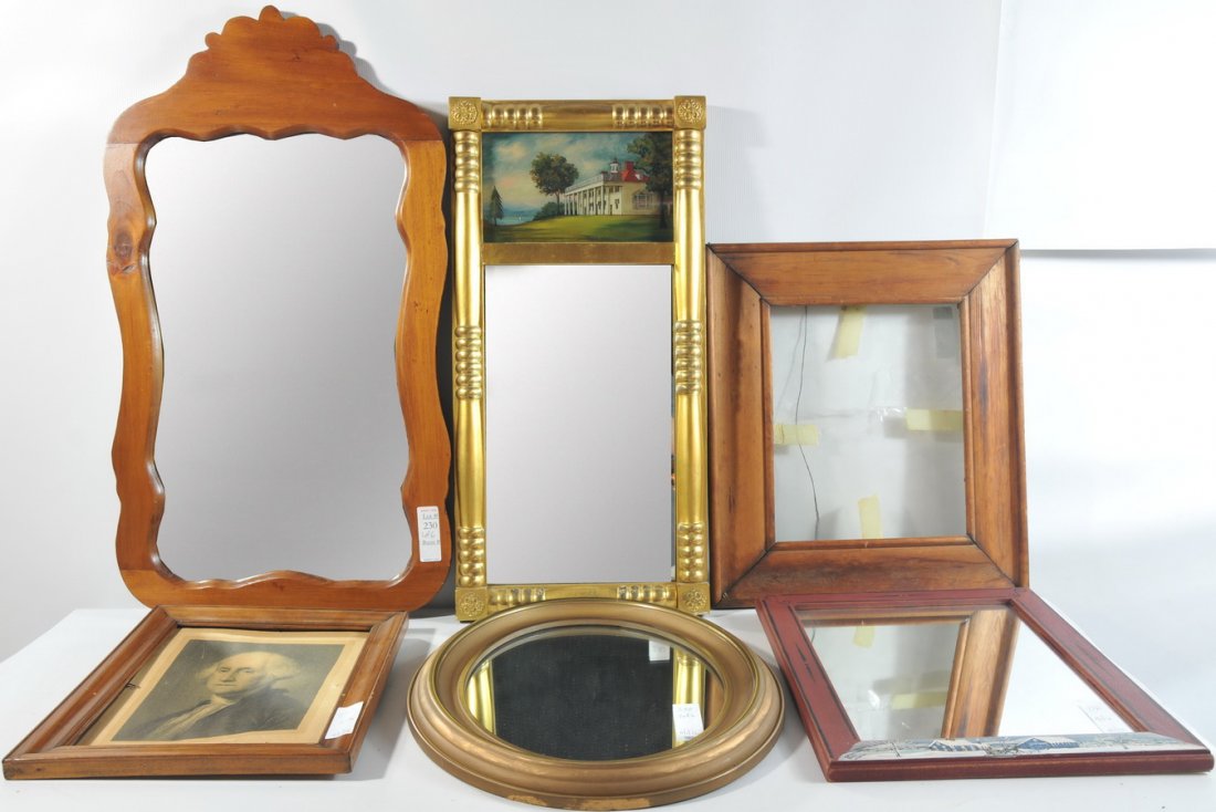 Collection of frames and mirrors to include wooden: Collection of frames and mirrors to include wooden frame with glass 16" x 18", print of George Washington 9" x 12", mirror with red frame and painted winter scene #6 of 1000 signed by Lisa Carpenter o