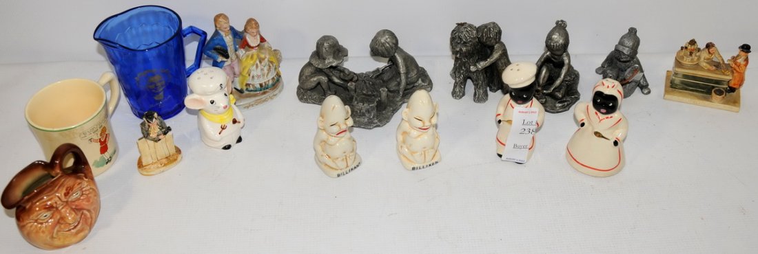 Misc collectible lot to include Royal Daulton Face: Misc collectible lot to include Royal Daulton Face Mug, Shirley Temple Pitcher, Lil' Orphan Annie and "Hudson" Pewter