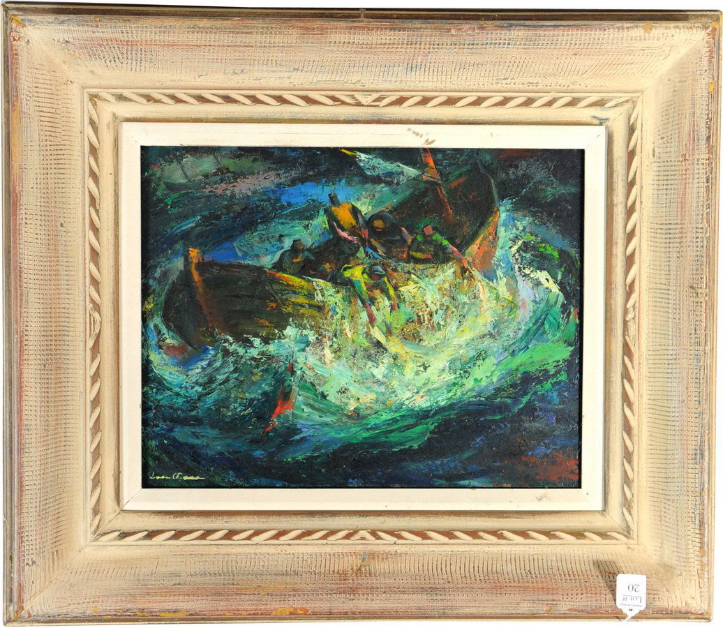 OOB signed Iver Rose colorful Man in Boat scene 17: OOB signed Iver Rose colorful Man in Boat scene 17 1/2" x 13 1/2"