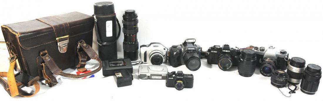 Camera lot to include Nikon Pronea S, Nikon Pronea: Camera lot to include Nikon Pronea S, Nikon Pronea 6i, Minolta x-700 with adjustable lens, Ashahi Pentax Spotmatic, Optimus CTR-112 Cassette Recorder, Zoom lens accessory