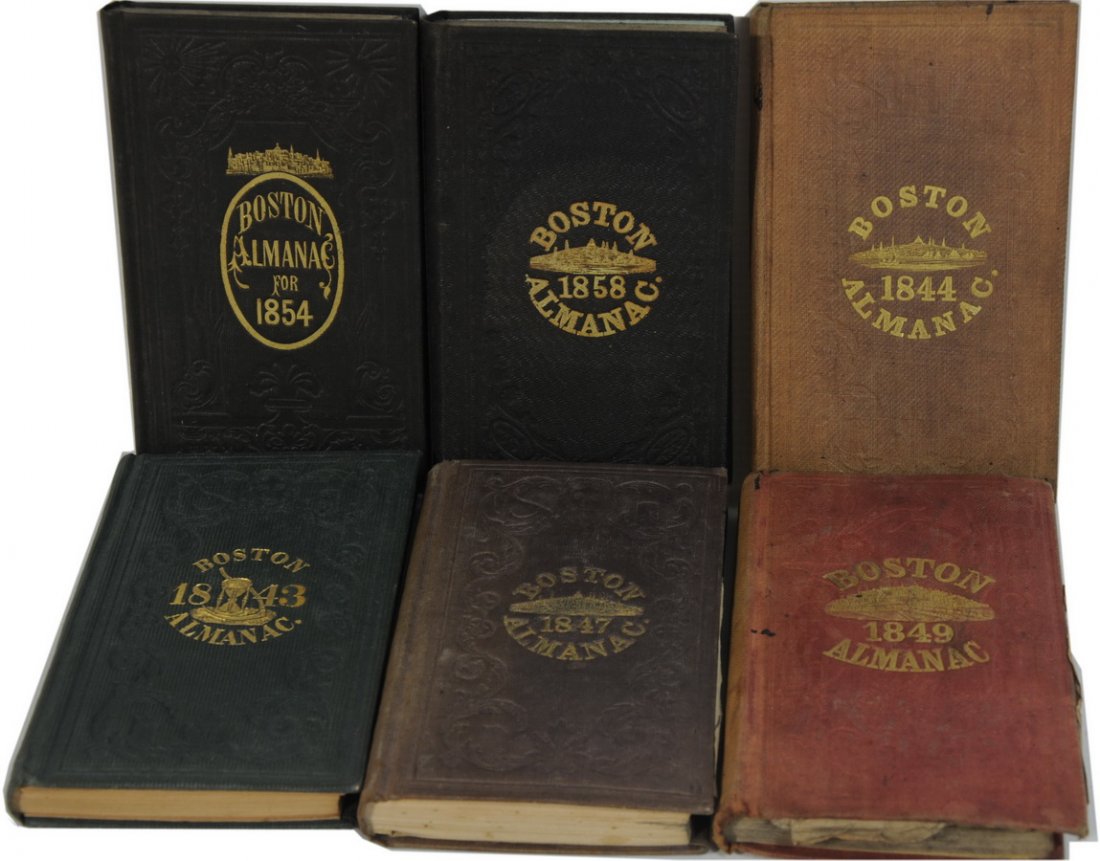 Collection of 6 Boston Almanacs 1843,1844,1847,184: Collection of 6 Boston Almanacs 1843,1844,1847,1849, 1854 and 1858,some have maps intact