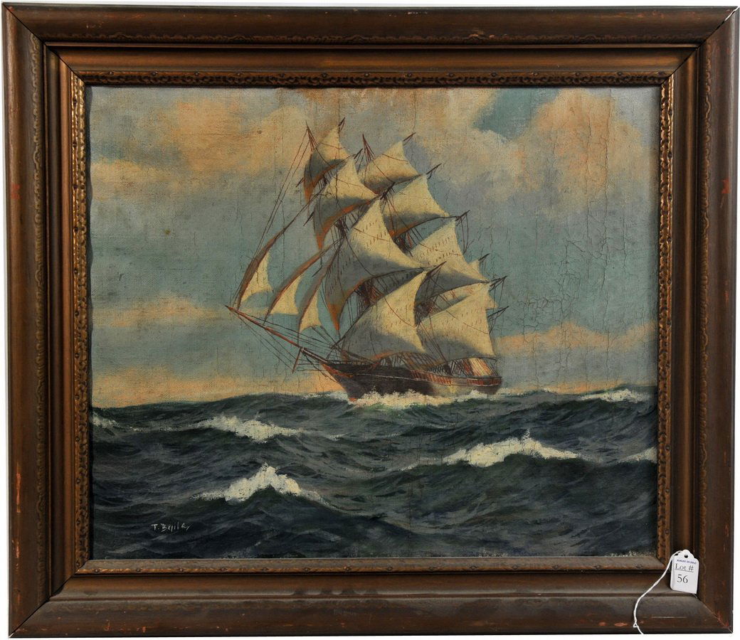 OOC signed T. Bailey depicting Tall Sailing Ship Sc: OOC signed T. Bailey depicting Tall Sailing Ship Scene 23 1/2" x 19 1/2"