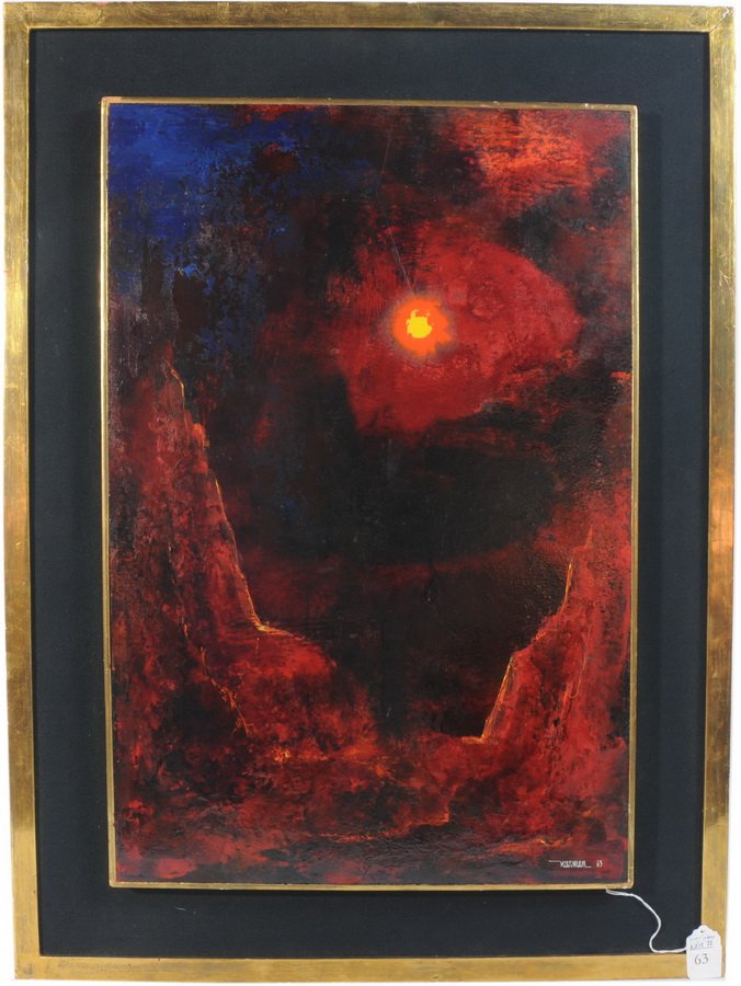 Acrylic on Masonite abstract by Leonardo Nierman 19: Acrylic on Masonite abstract by Leonardo Nierman 1932- Mexico/New York 16x24 signed lower right 1963